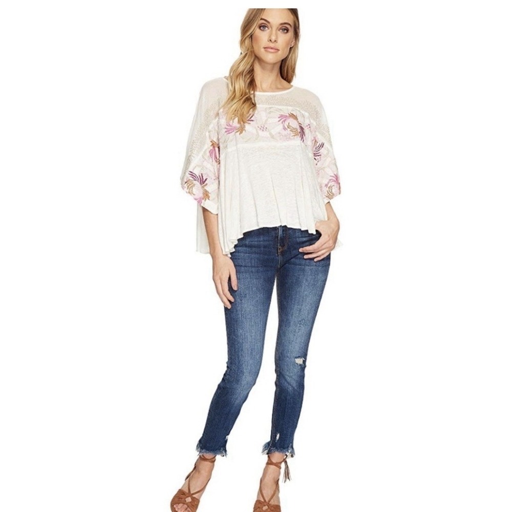 Free People Love Letter Embroidered Top Women's Size CS Oversized Boho Ivory - Picture 2 of 12
